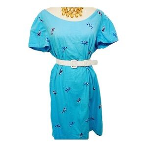VTG SZ L Sun dress, Dragonflies Turquoise Floral Embroidered Dress Spring Easter